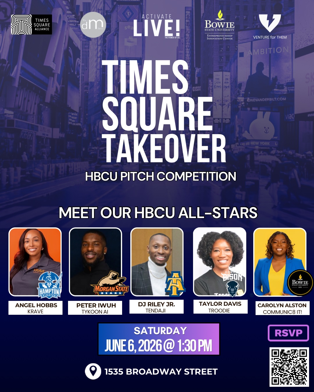 Times Square Takeover HBCU Pitch Competition flyer featuring the pitching founders